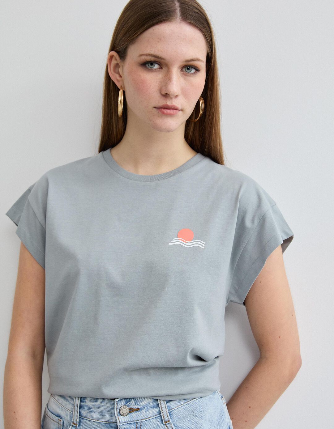 T-shirt Estampado, Mulher, Cinzento Claro