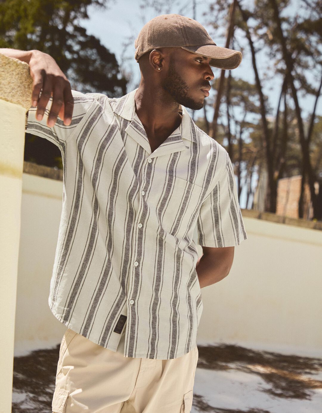 Camisa de Riscas com Linho, Homem, Azul Escuro