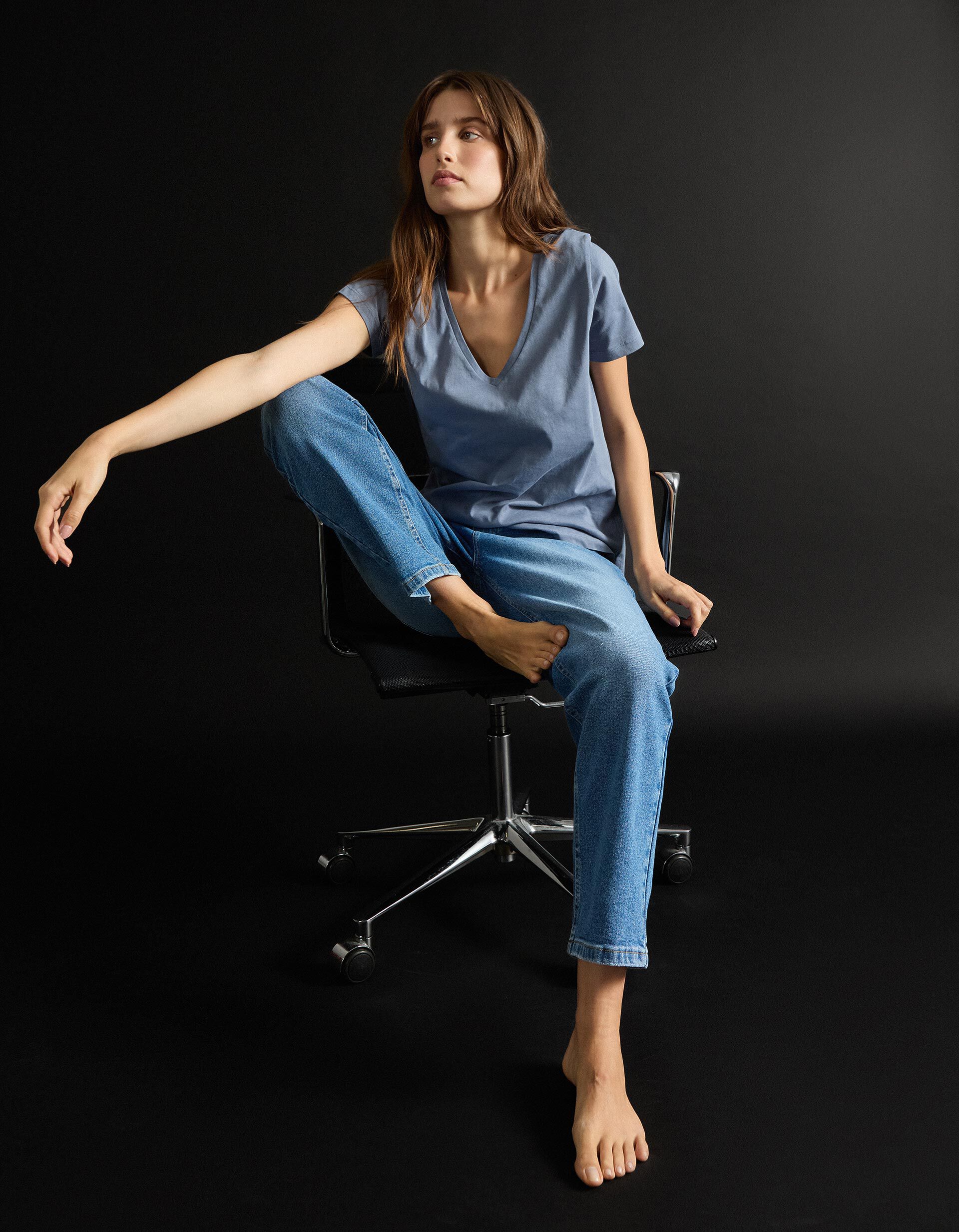 Comprar Online T-shirt Decote em V, Mulher, Azul