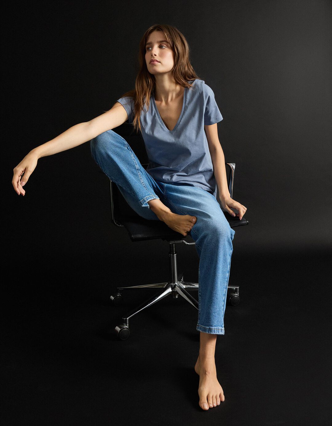 T-shirt Decote em V, Mulher, Azul