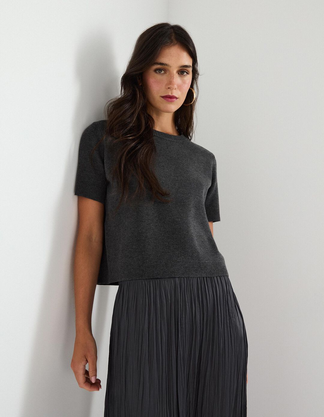 T-shirt de Malha, Mulher, Cinzento Escuro