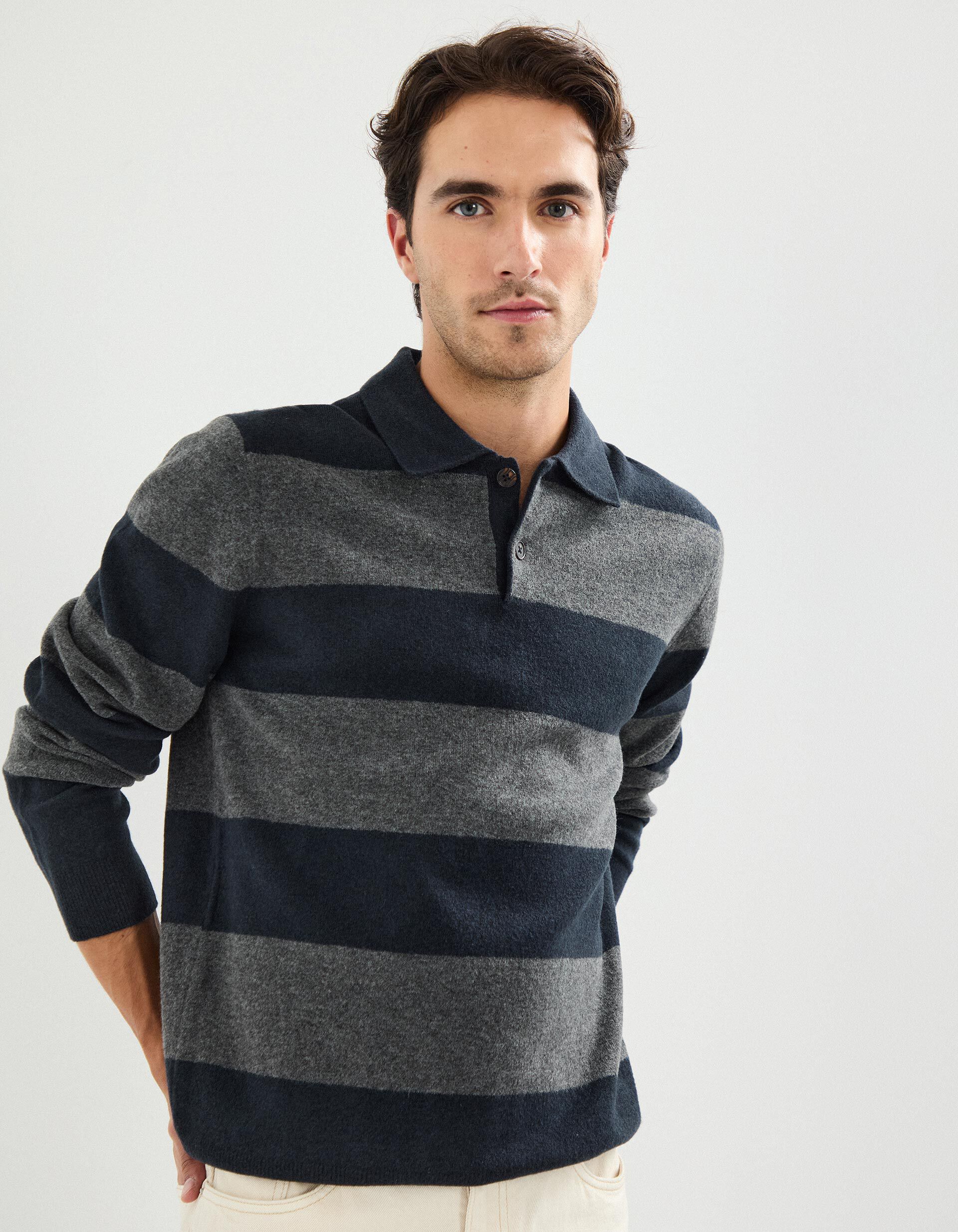 Polo de Malha &agrave;s Riscas, Homem, Azul Escuro