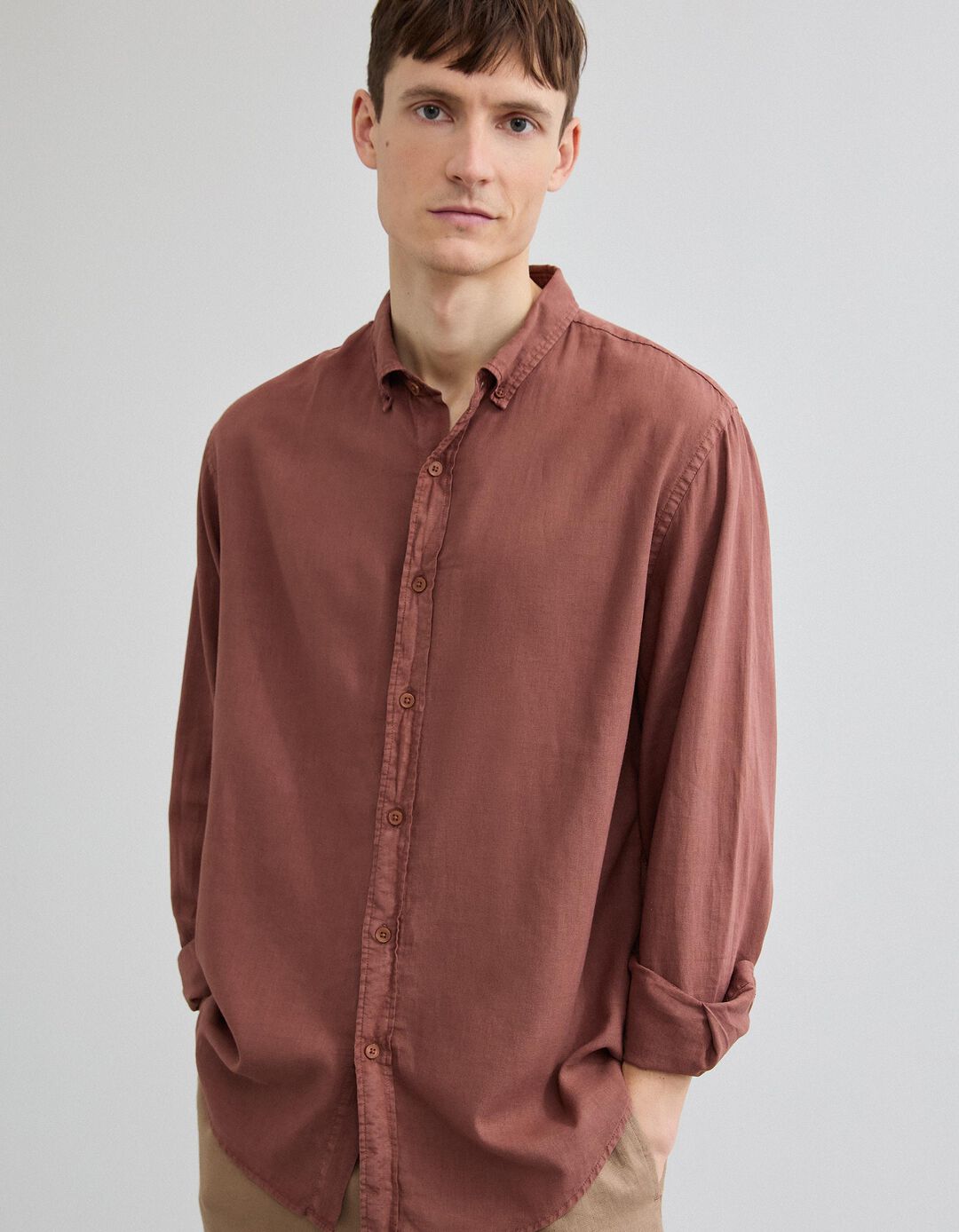 Camisa com Linho, Homem, Castanho