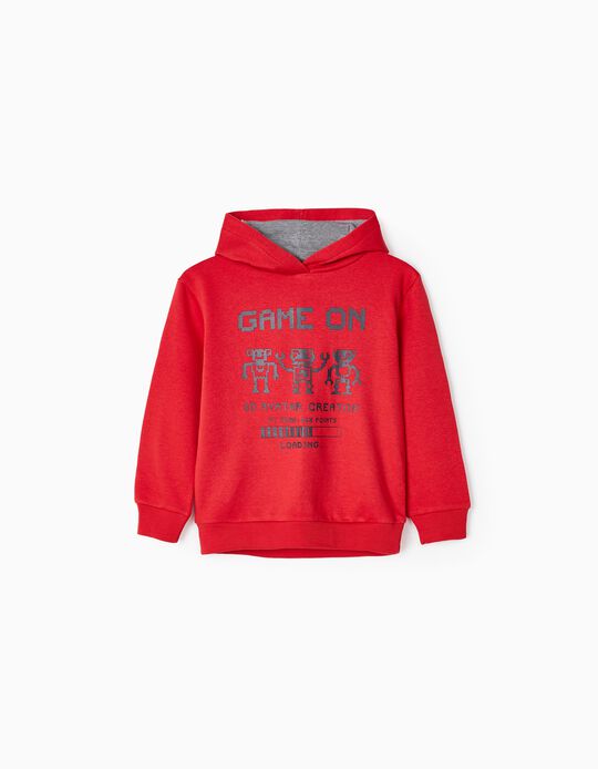 Brushed Cotton Sweatshirt with Hood for Boys 'Game On', Red