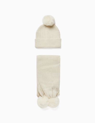 Pack Knit Beanie + Scarf for Girls, Beige/Gold