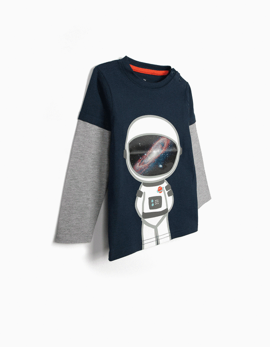 T-shirt Manga Comprida para Bebé Menino 'Astronaut', Azul/Cinza