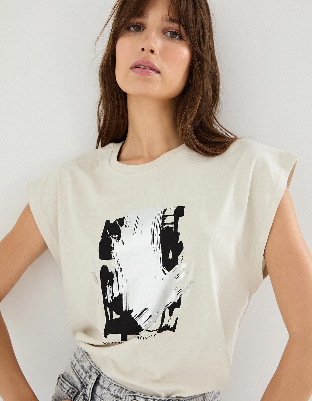 T-shirt Estampado Foil, Mulher, Cinzento Claro 