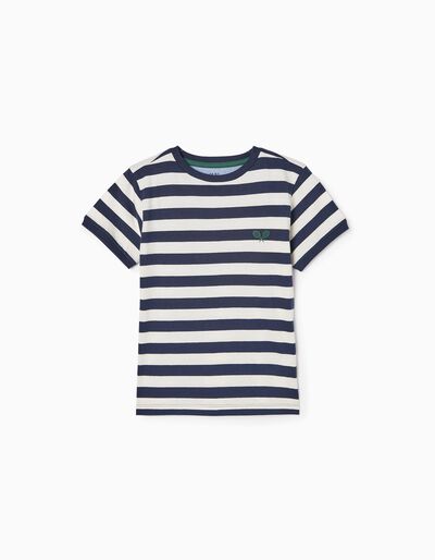 Striped Cotton T-shirt for Boys, White/Dark Blue