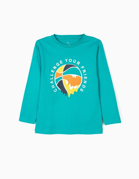 T-shirt Manga Comprida para Menino 'Basketball', Verde-Azulada