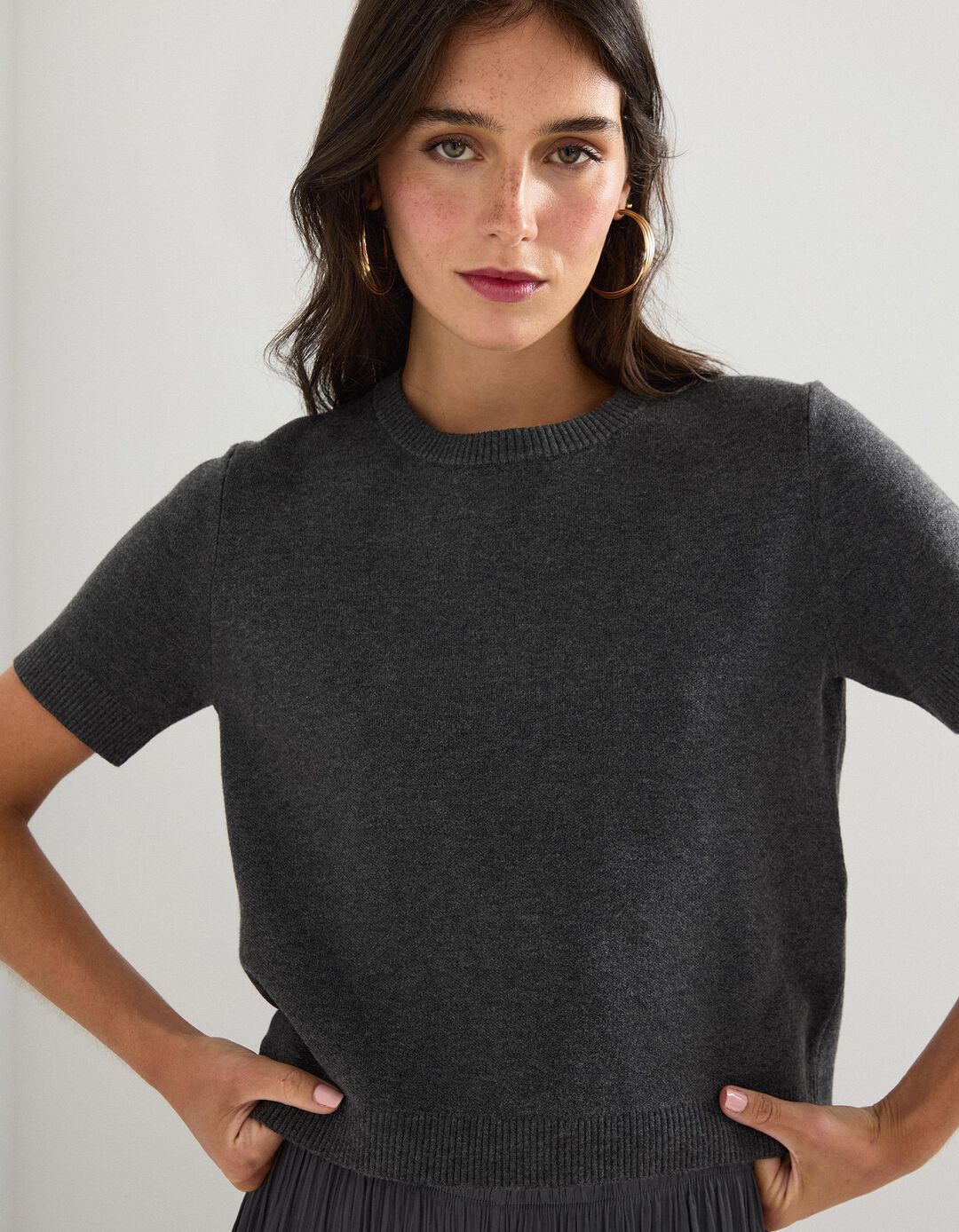 T-shirt de Malha, Mulher, Cinzento Escuro