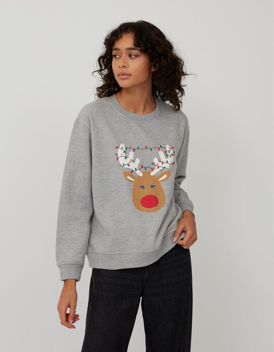 Xmas Reindeer Sweatshirt, Women, Grey