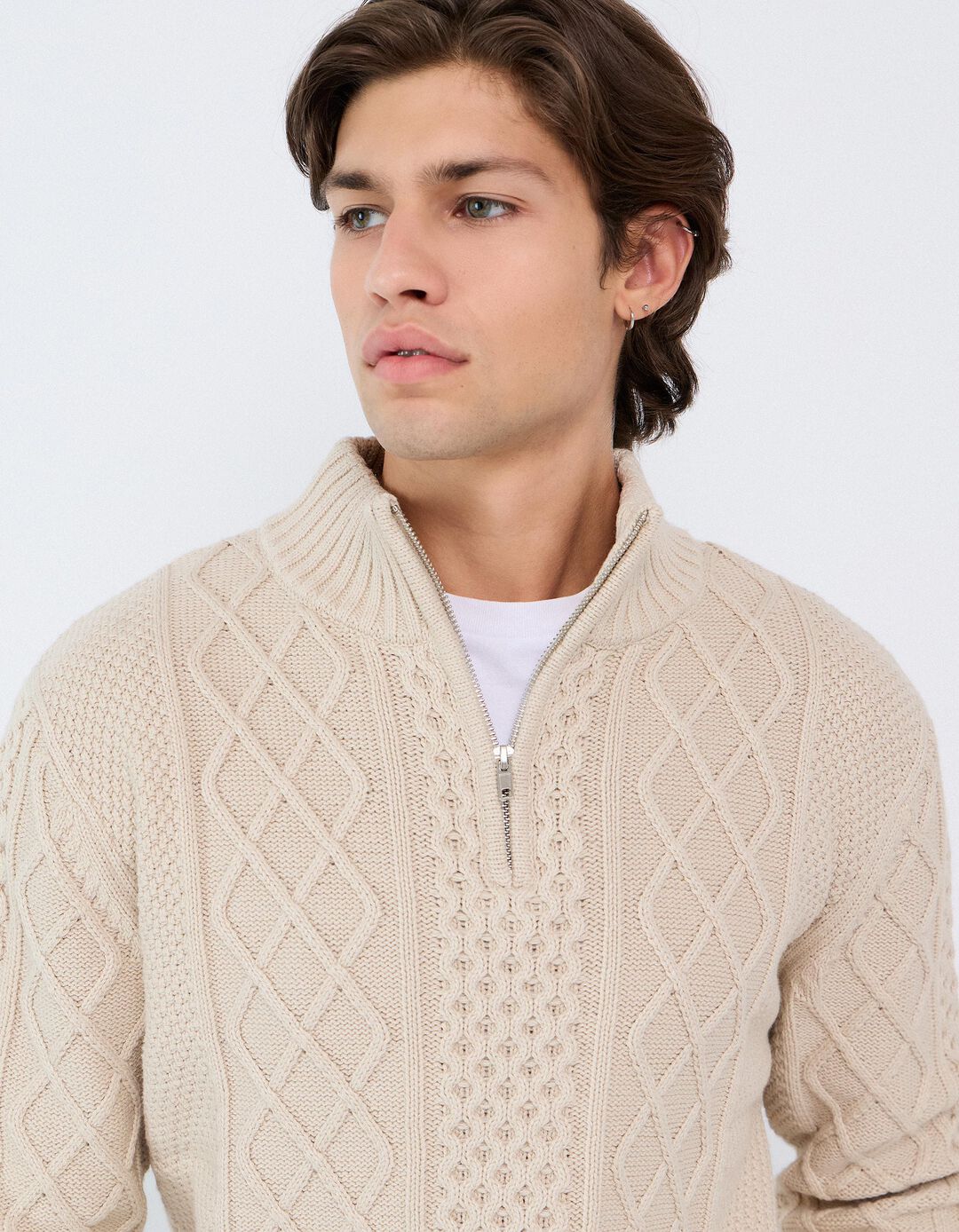Camisola De Malha Estruturada, Homem, Bege