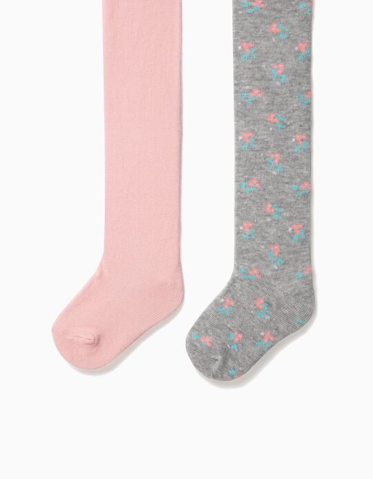 Pack 2 Collants de Malha para Beb&eacute; Menina Lisos e Flores, Rosa e Cinza