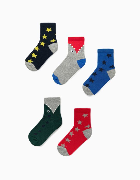 5 Pairs of Socks for Boys 'Dino, Shark & Stars', Multicoloured
