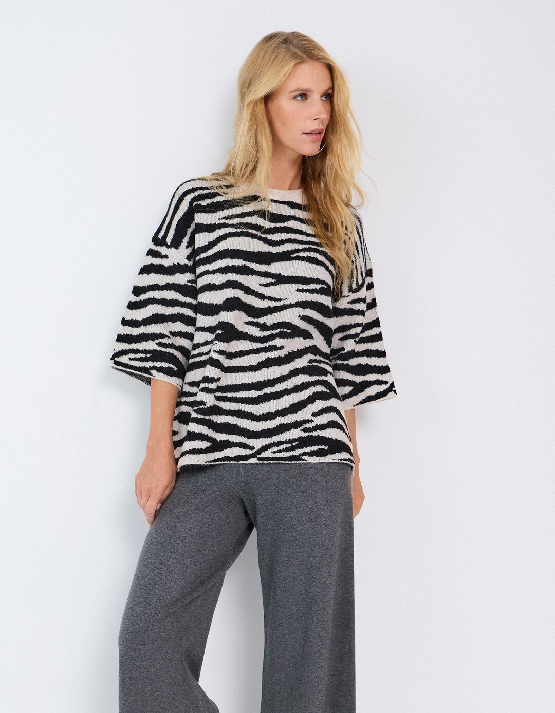 Camisola De Malha Animal Print, Mulher, Cru