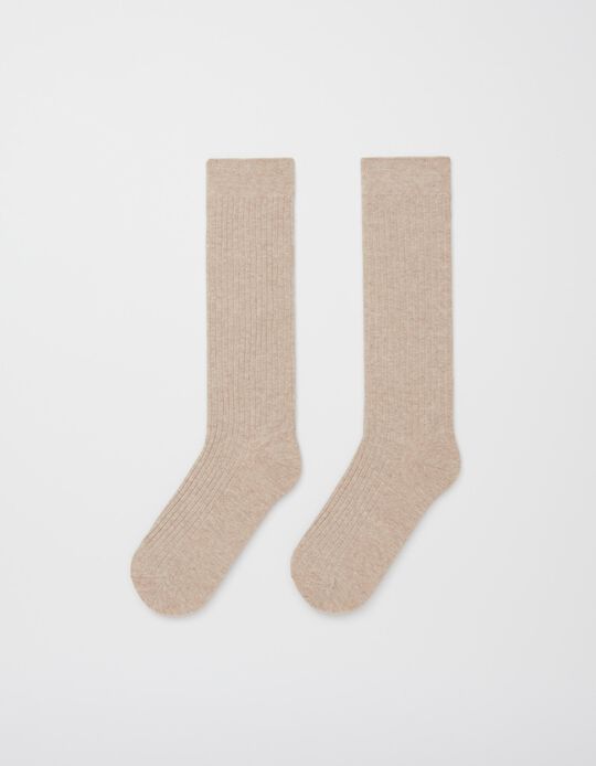 Cotton Blend Ribbed Socks, Women, Beige