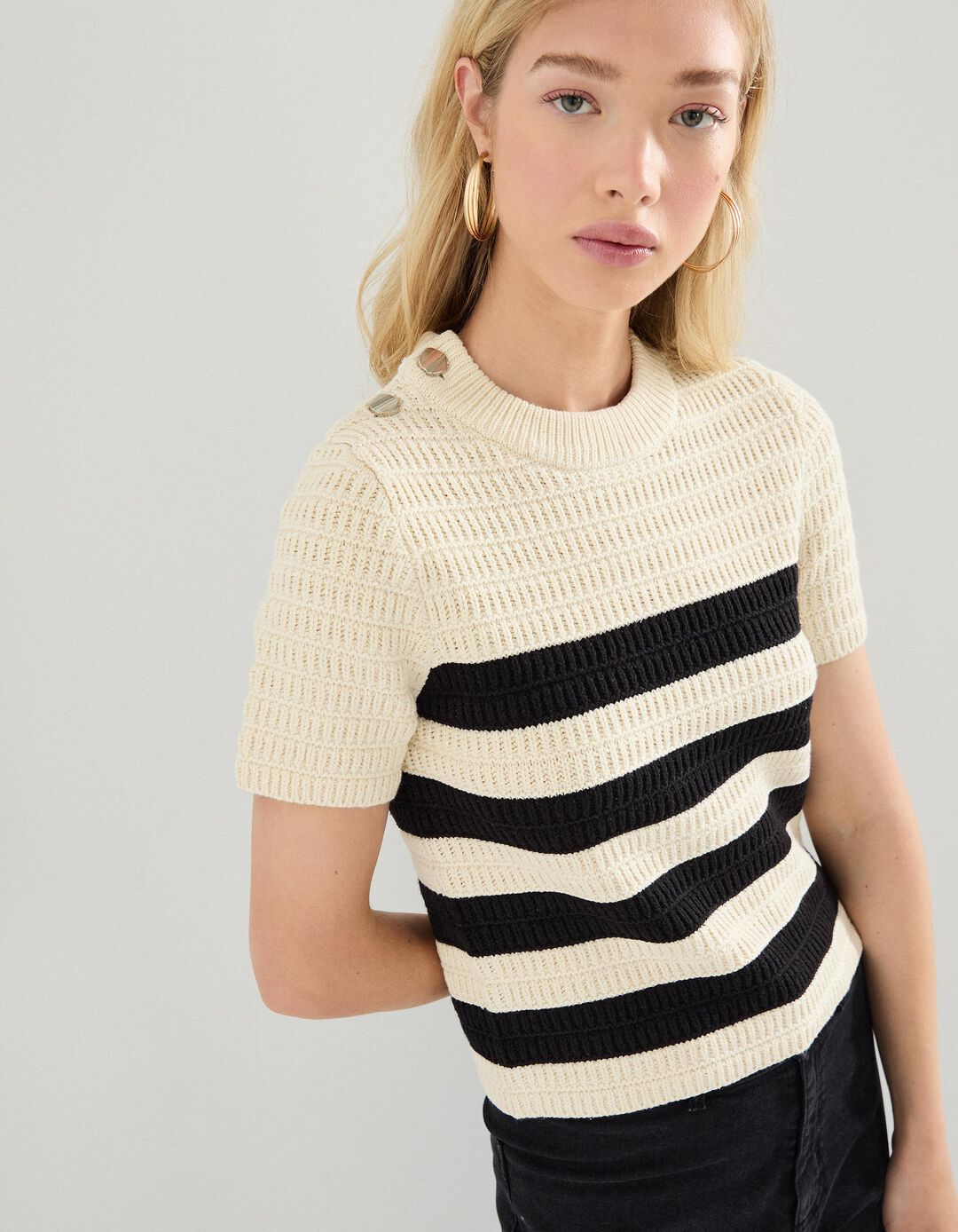 Camisola Riscas de Malha, Mulher, Cru 