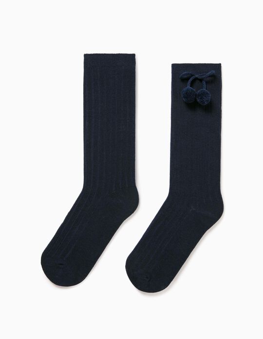 Blue Knee-High Socks with Pompom