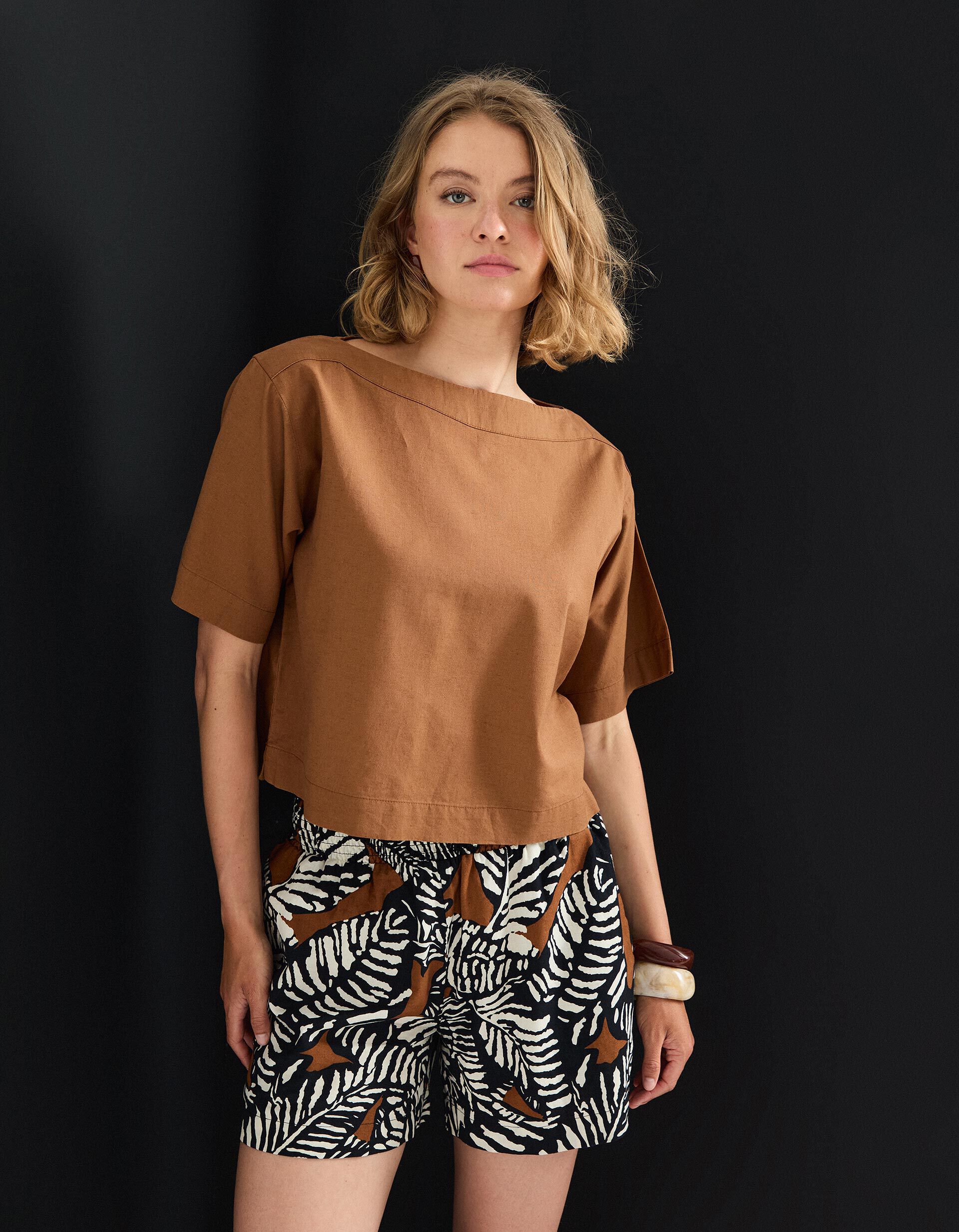 Blusa com Linho, Mulher, Castanho Claro 