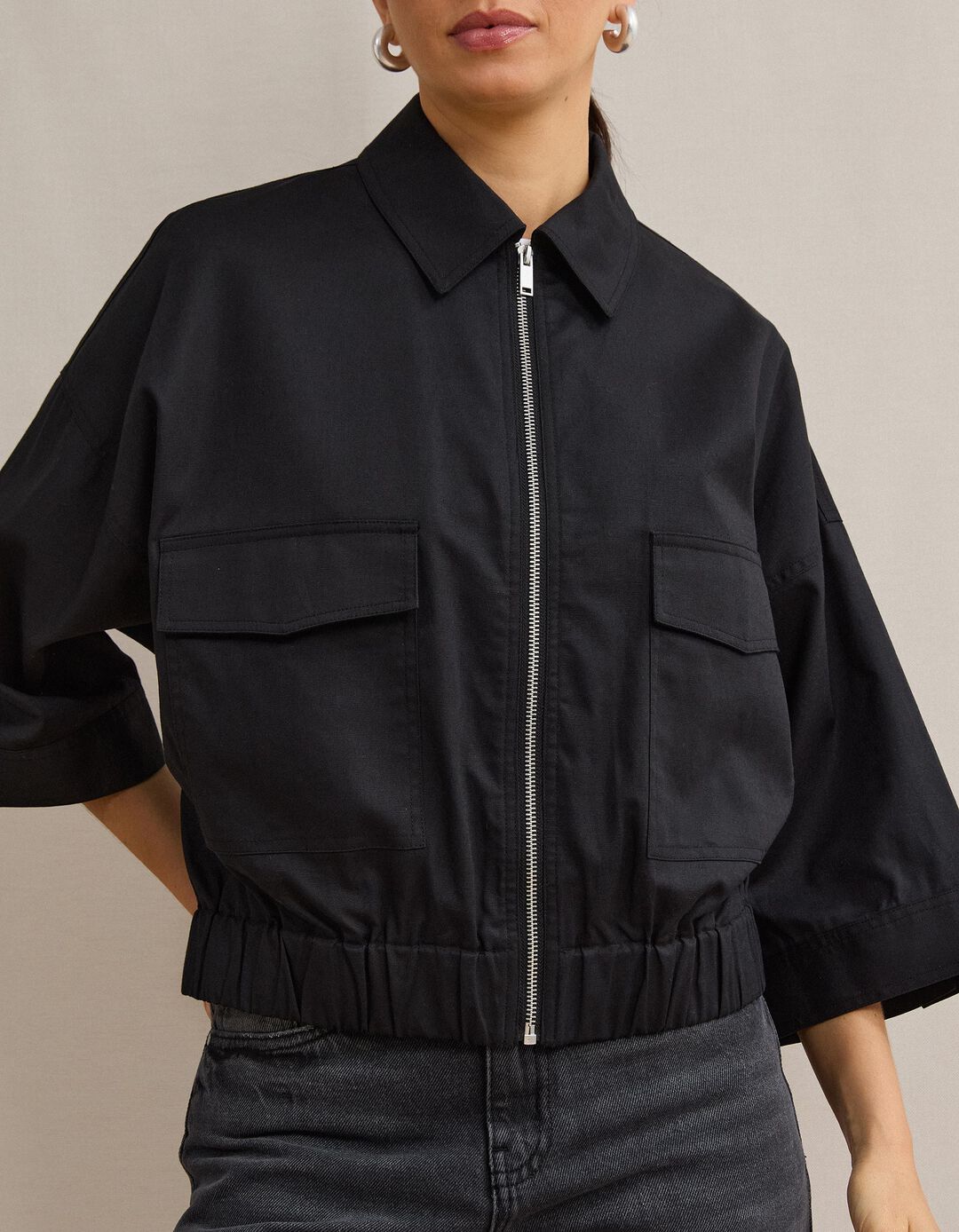 Casaco Bomber Com Linho, Mulher, Preto