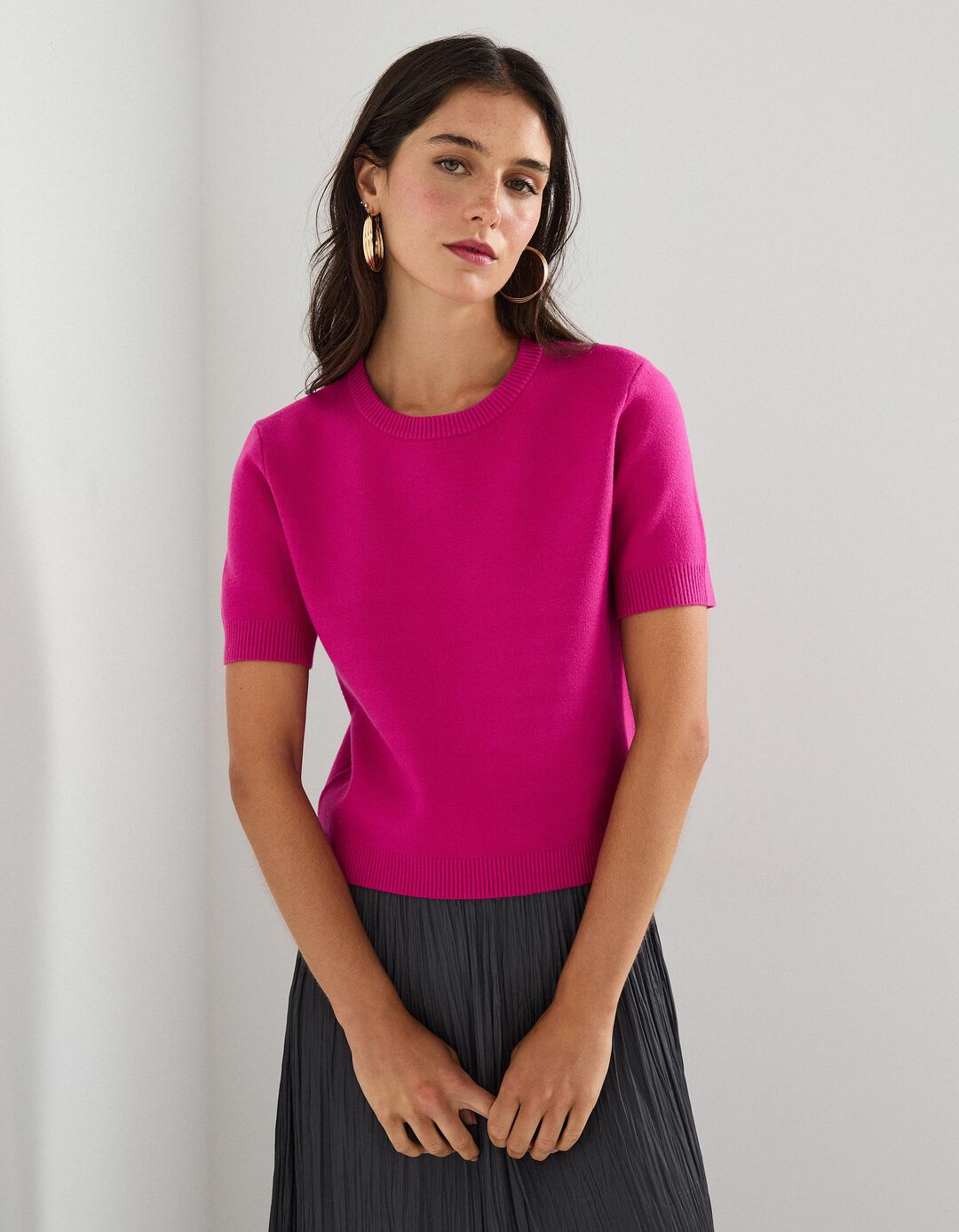 T-shirt de Malha, Mulher, Rosa Escuro