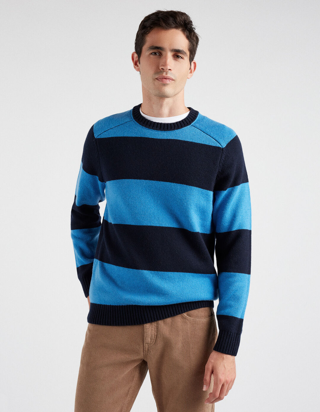 Striped Knit Sweater Wool Blend, Men, Dark Blue