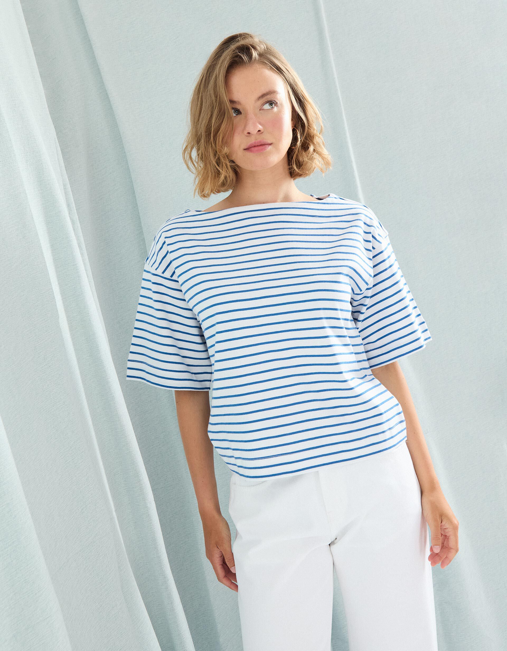 Comprar Online T-shirt Riscas com Decote em Barco, Mulher, Branco