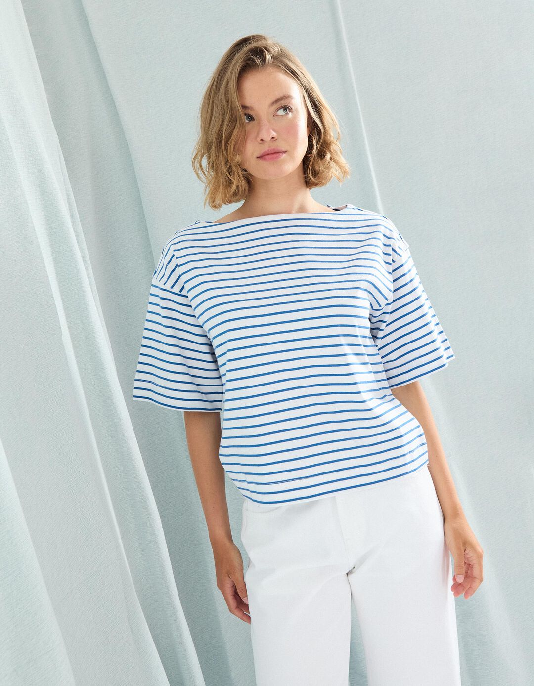 T-shirt Riscas com Decote em Barco, Mulher, Branco