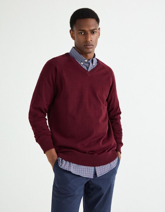 Comprar Online Camisola de Malha Decote em V, Homem, Vermelho Escuro