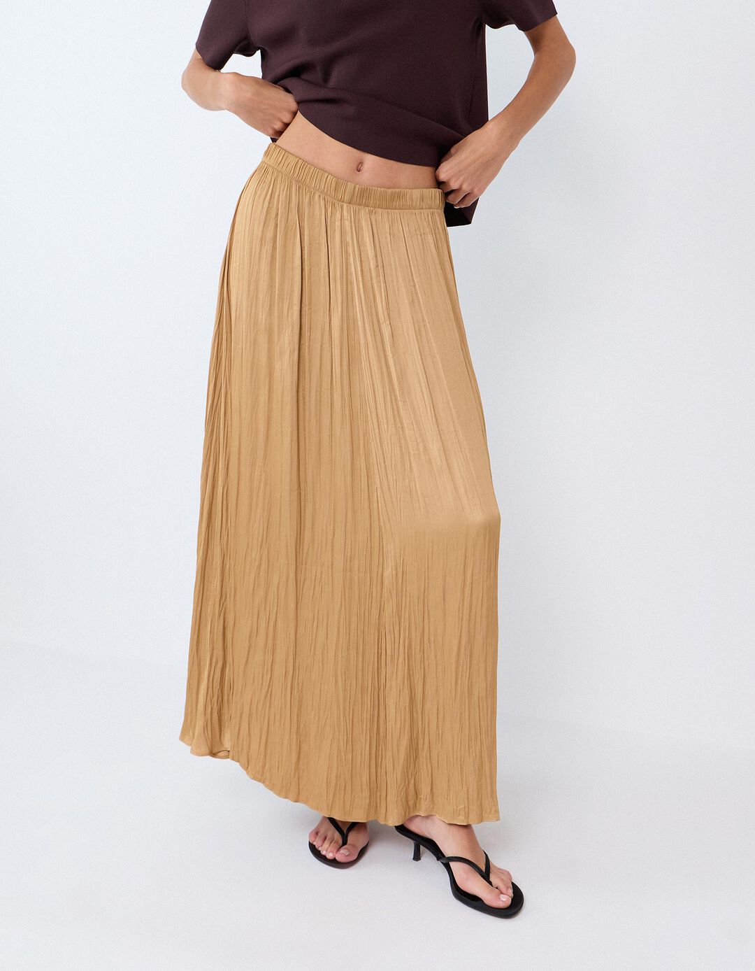 Saia Midi Fluida, Mulher, Bege