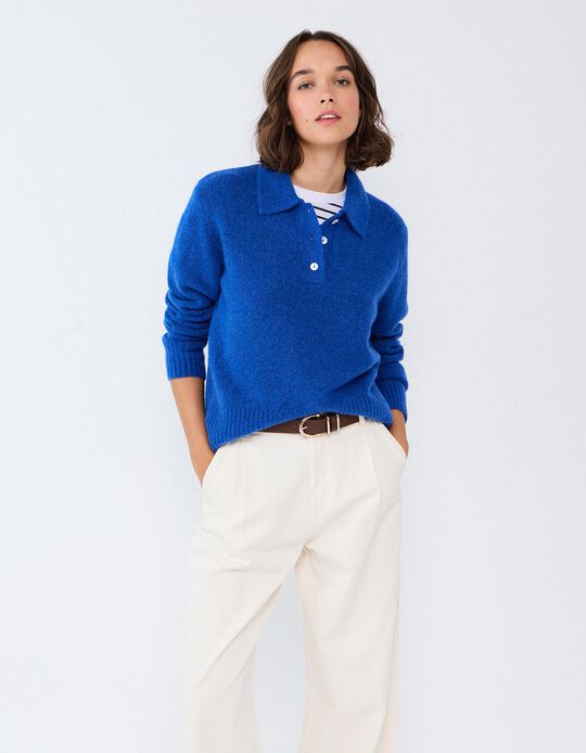 Comprar Online Polo Em Mistura De L&atilde; E Alpaca, Mulher, Azul