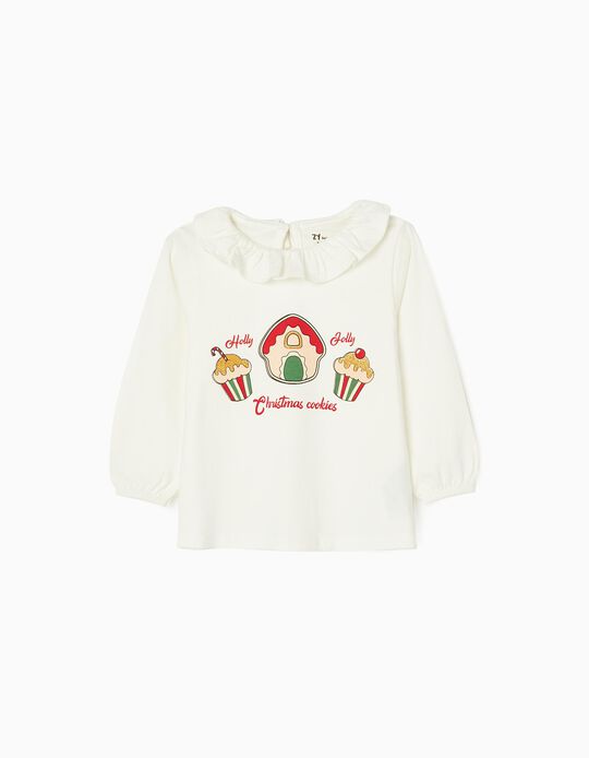 Camiseta de Manga Larga para Bebé Niña 'Dulces de Navidad', Blanca