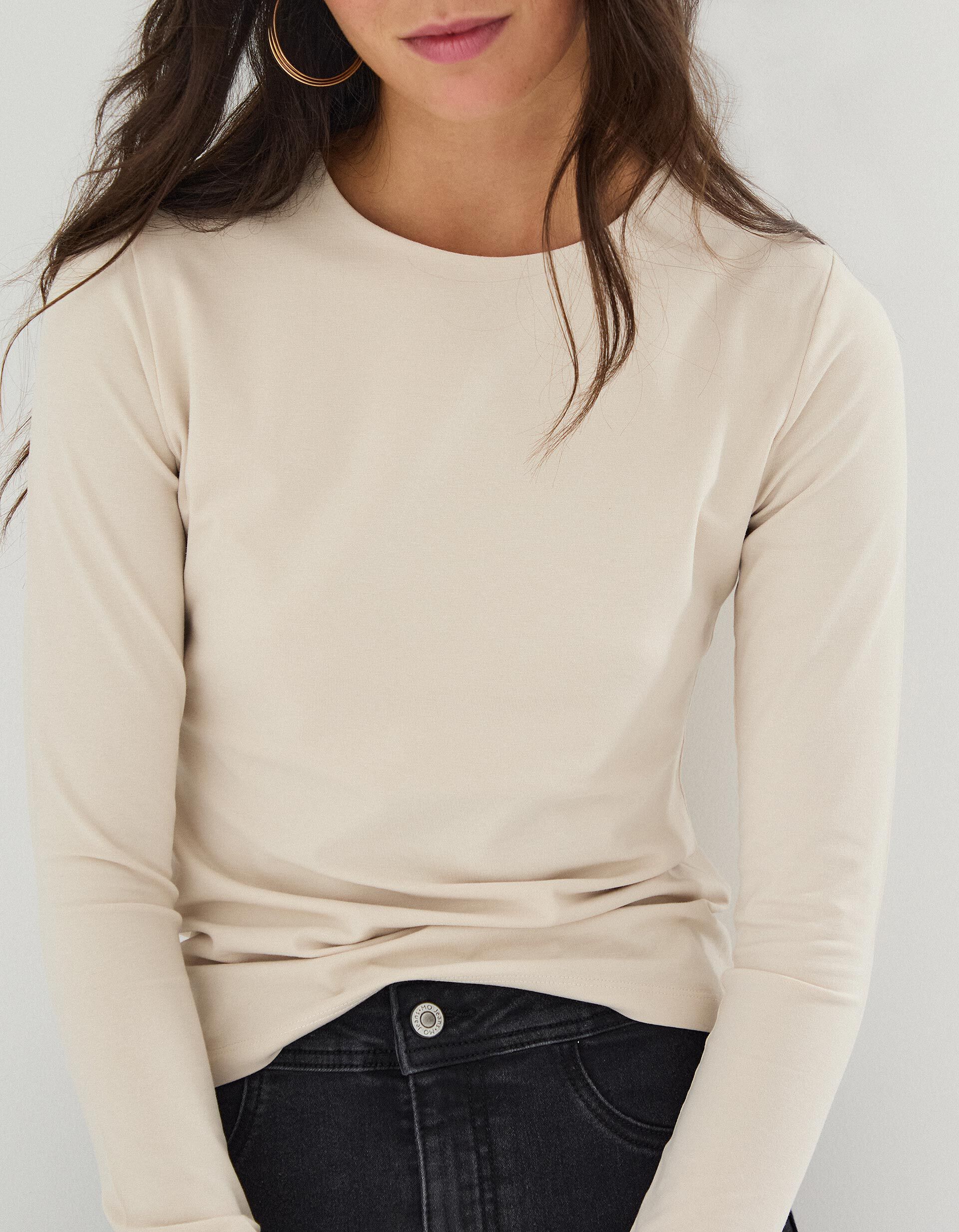 Comprar Online T-shirt Manga Comprida, Mulher, Bege Claro