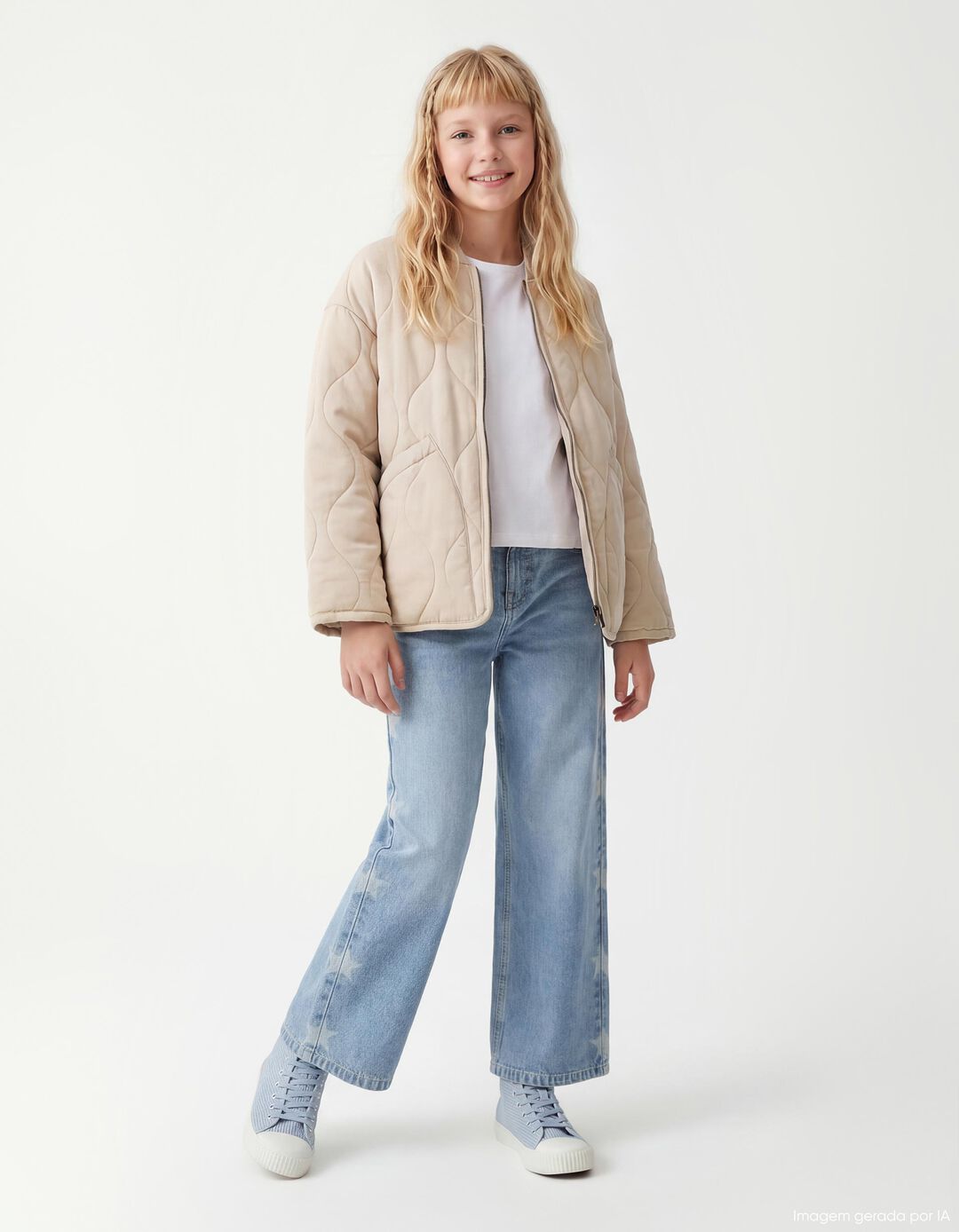 Cal&ccedil;as de Ganga 'Wide Leg' Estrelas, Menina, Azul Claro