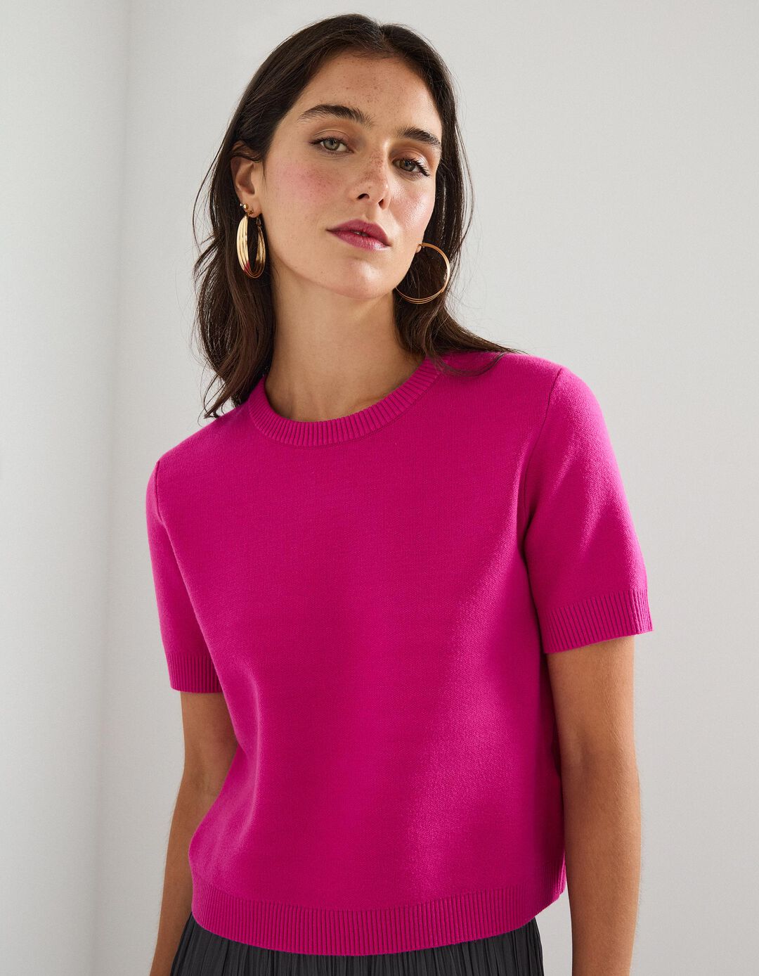 T-shirt de Malha, Mulher, Rosa Escuro