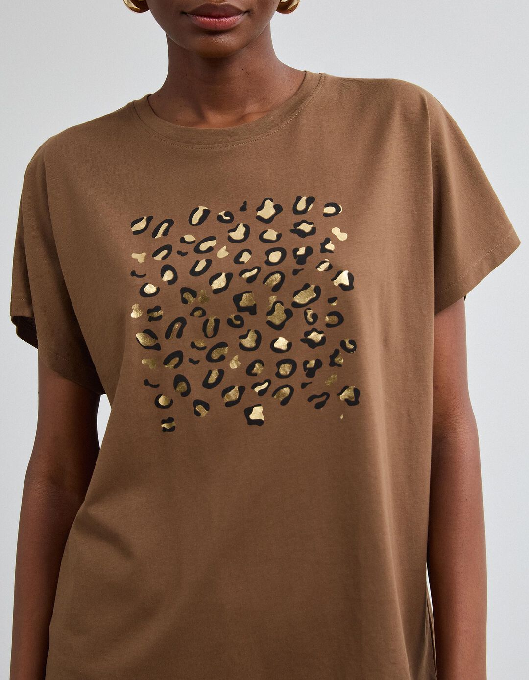 T-shirt Com Estampado Foil, Mulher, Castanho Escuro