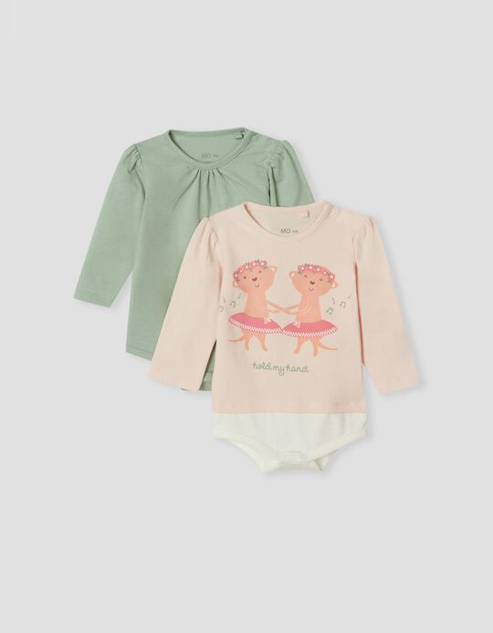 2 Cotton Bodysuits, Babies, Pink/ Green