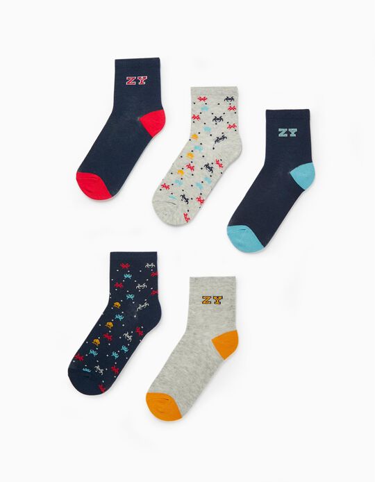Pack of 5 Pairs of Socks for Boys 'Gaming', Dark Blue/Grey