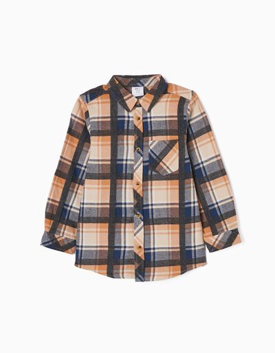 Plaid Cotton Flannel Shirt for Boys, Beige/Blue