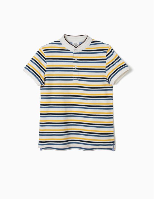 Polo para Menino com Gola Mao e Riscas, Branco e Azul
