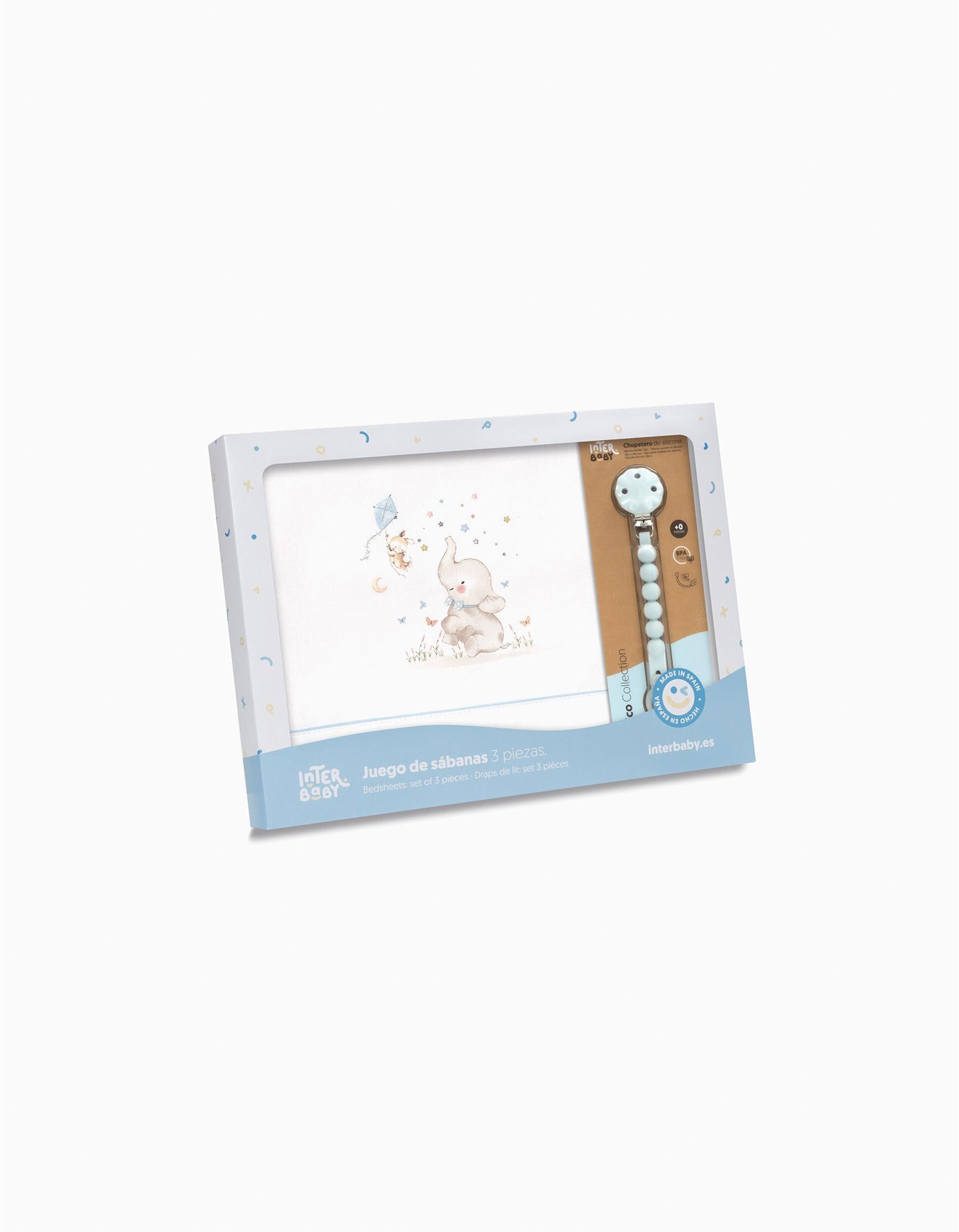 Comprar Online Conjunto De Len&ccedil;&oacute;is De Algod&atilde;o 3 Pcs Interbaby Elephant 60x120 cm, Azul