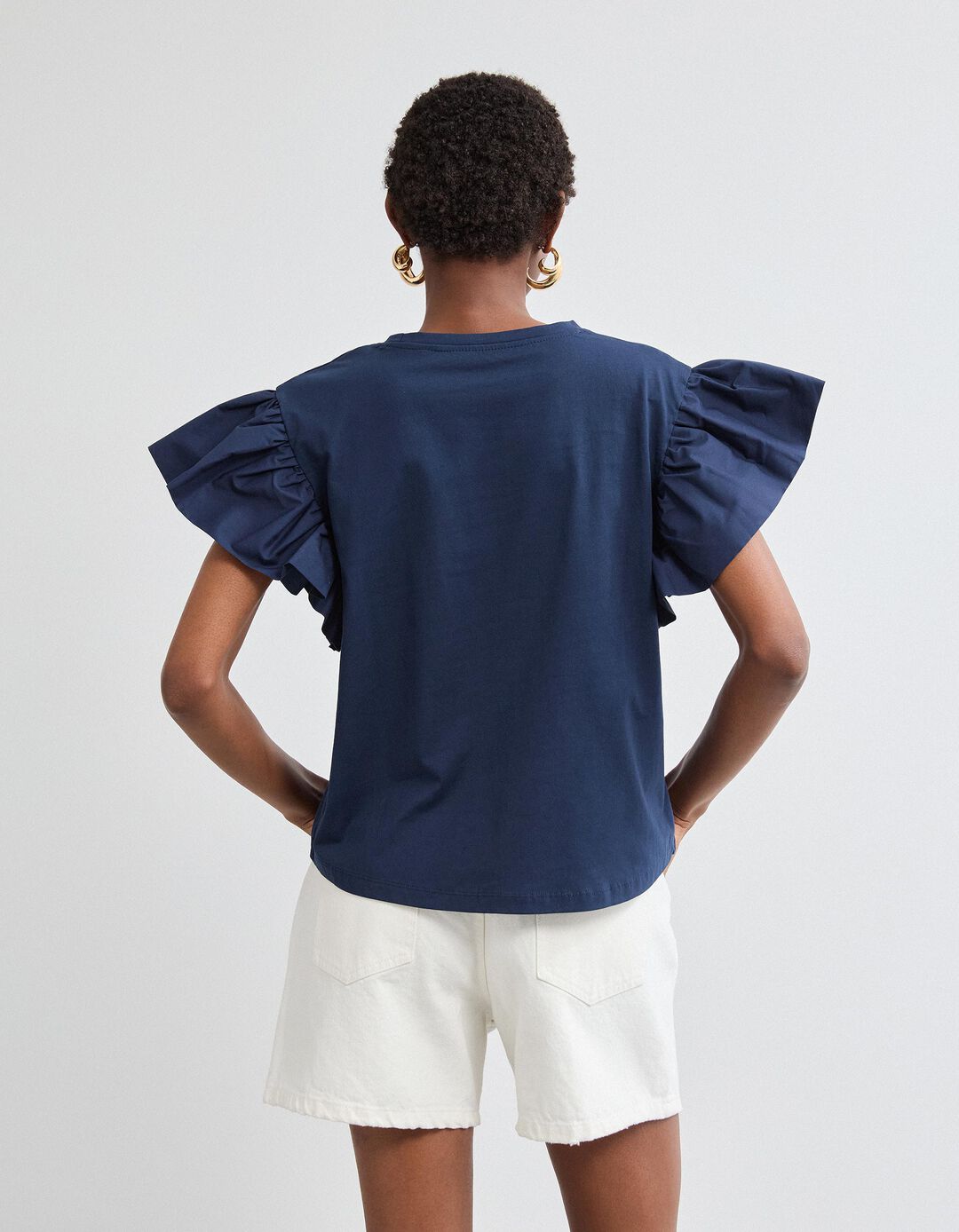 T-shirt Folhos, Mulher, Azul Escuro