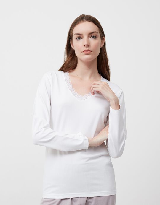 V Neck Long Sleeve Underwear T-shirt, Women, White