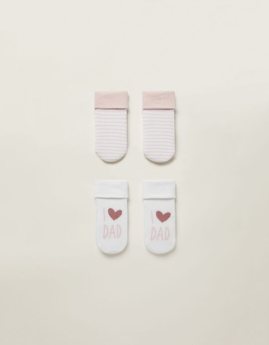 2 Pairs of Cuffed Socks for Baby Girls 'I Love Dad', White/Pink