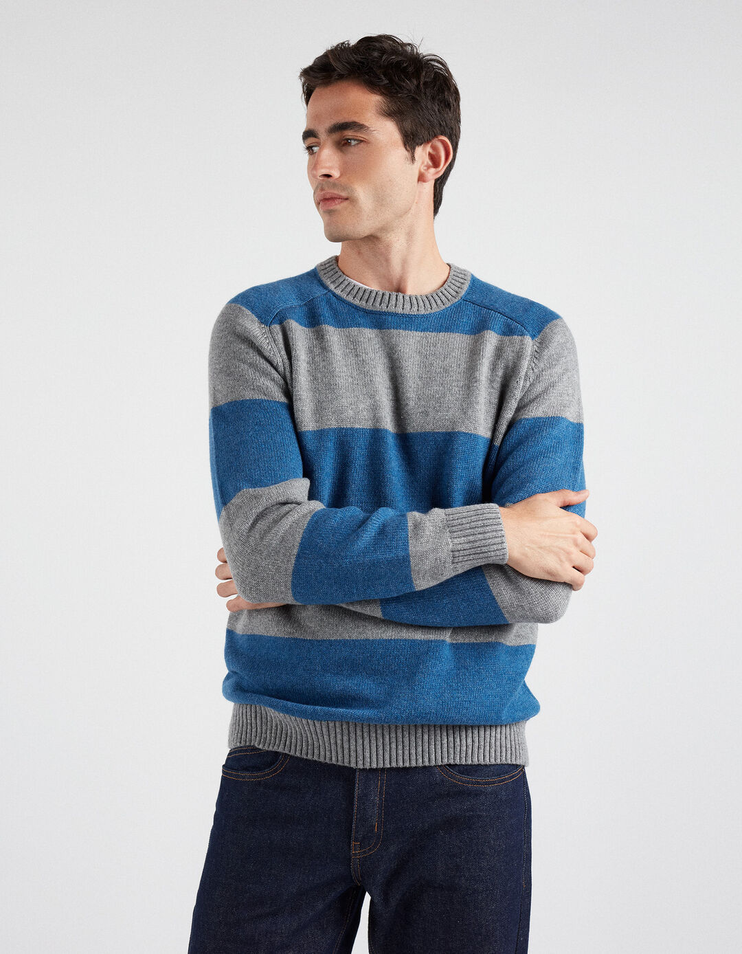 Wool Blend Striped Knit Sweater, Men, Blue