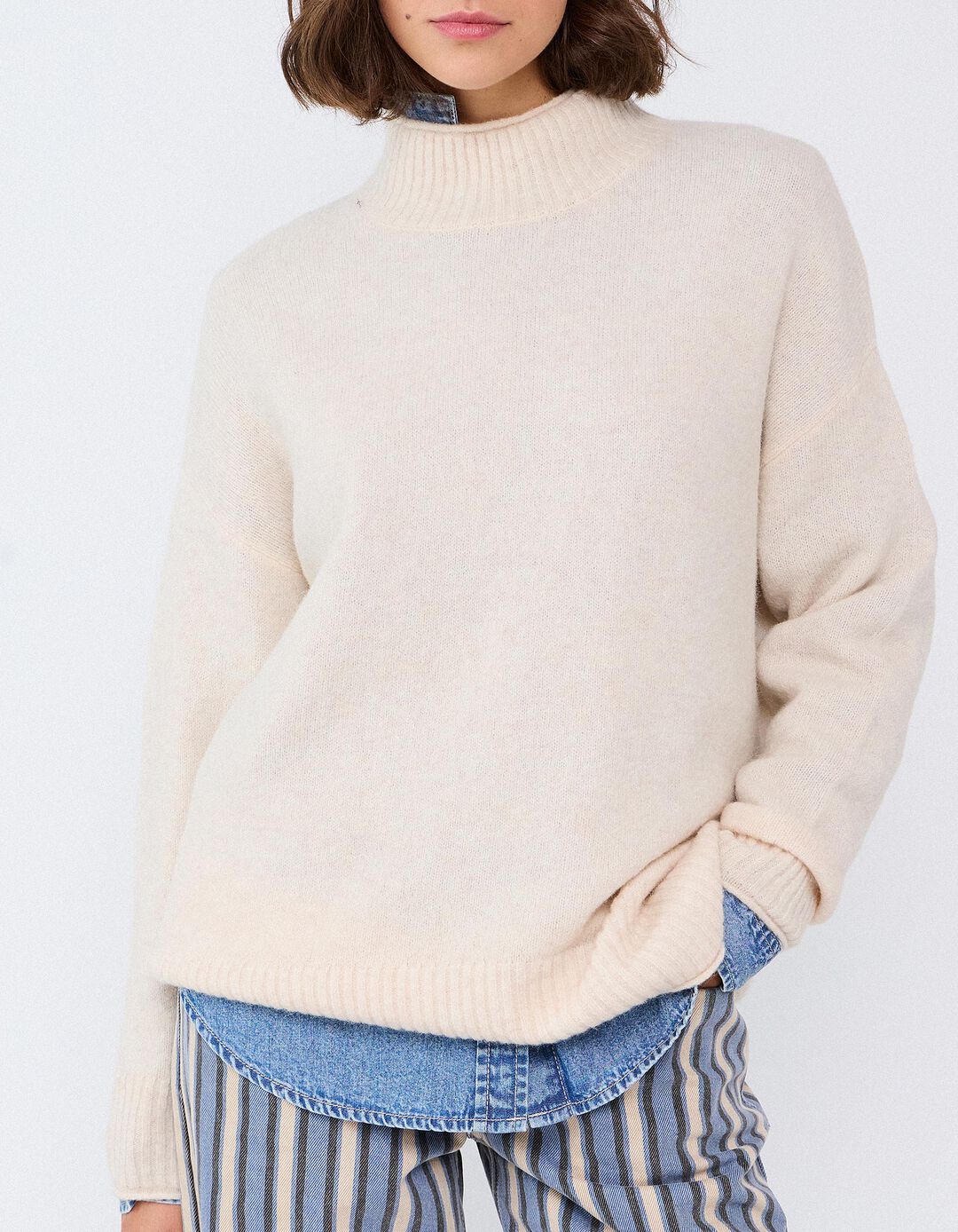 Camisola Em Mistura De L&atilde; E Alpaca, Mulher, Bege Claro