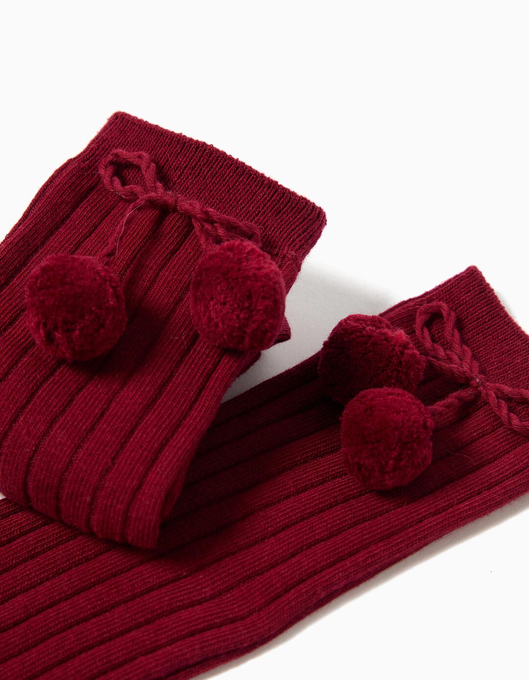 Pack 2 Pares de Meias Altas Caneladas Laço, Menina, Vermelho Escuro