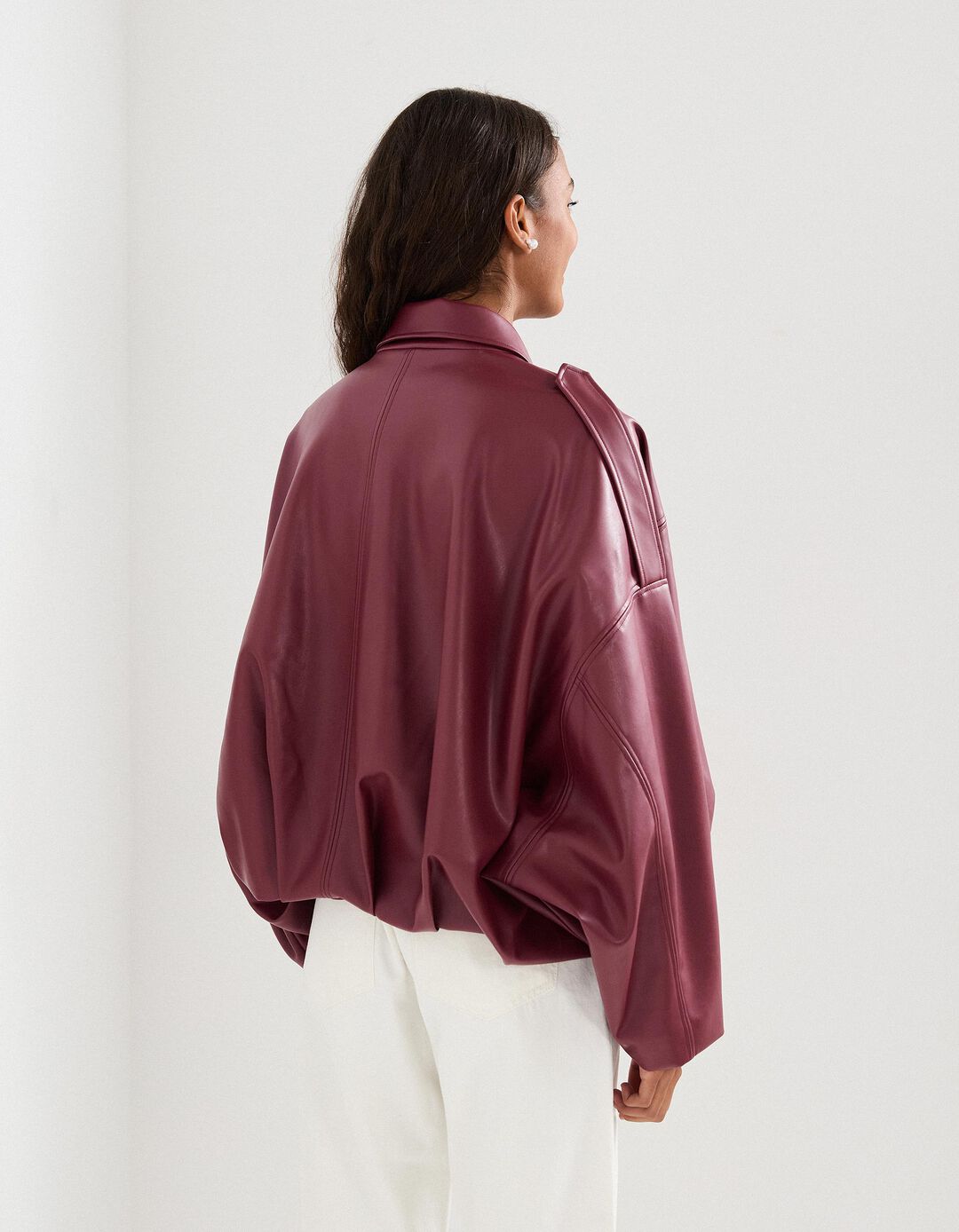 Casaco Bomber Efeito Pele, Mulher, Vermelho Escuro