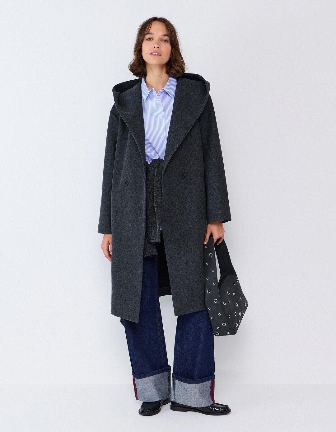 Casaco Comprido Com Capuz, Mulher, Cinzento Escuro