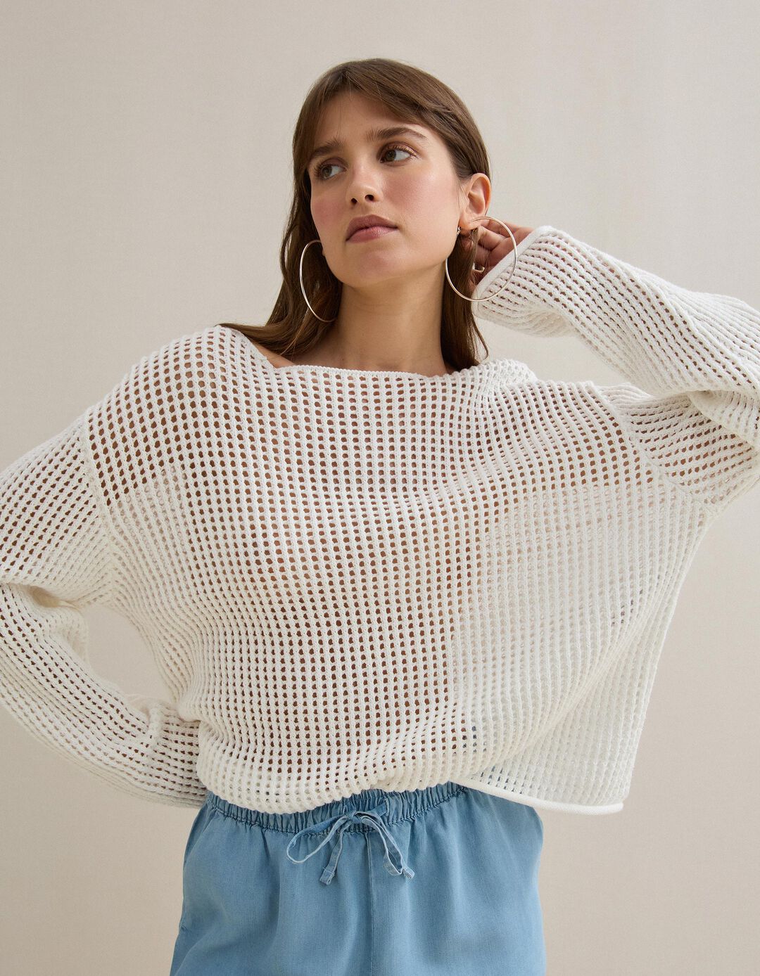 Camisola de Malha Crochet, Mulher, Branco